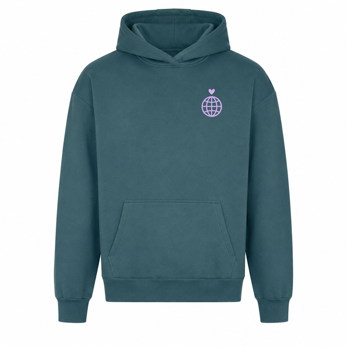 Petrofarbener Statement Hoodie von vorn mit kleinem Brustmotiv