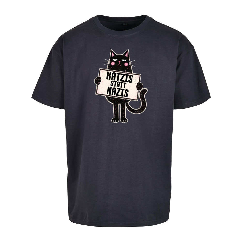 Navyfarbenes Oversized Statement Shirt mit „Katzis statt Nazis“-Frontprint und Katzenmotiv