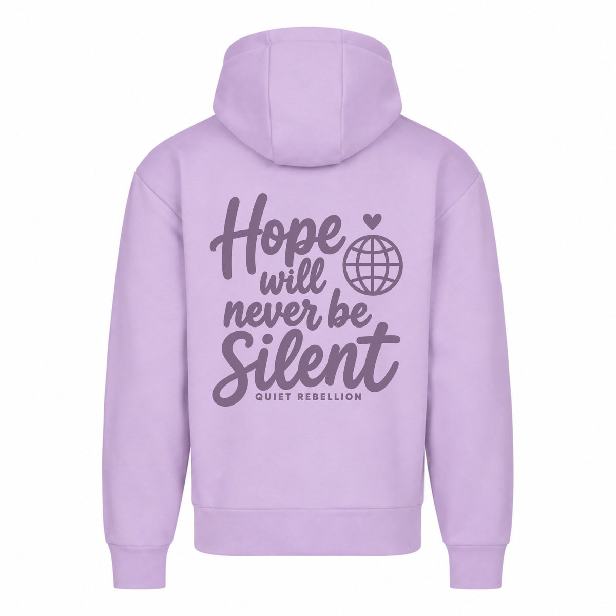    Lilafarbener Statement Hoodie mit „Hope Will Never Be Silent“-Rückenprint