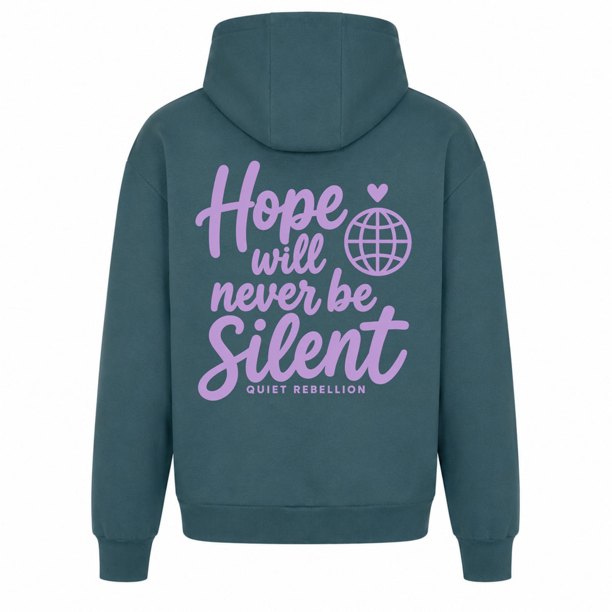     Petrolfarbener  Statement Hoodie mit „Hope Will Never Be Silent“-Rückenprint