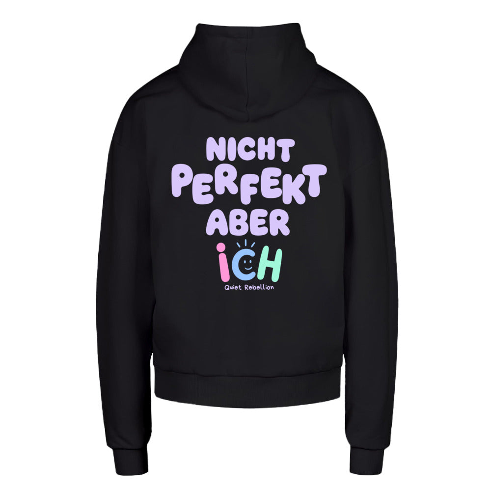     Oversized Urban Fit Hoodie in Schwarz mit Rückenprint „Nicht perfekt, aber ich“