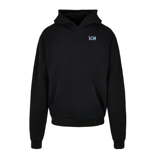     Oversized Urban Fit Hoodie in Schwarz – Vorderansicht mit kleinem Frontprint „ICH“