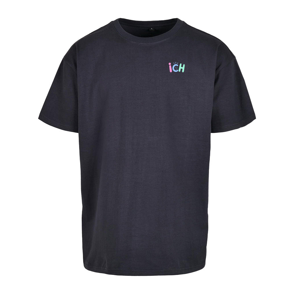     Oversized Statement Shirt in Navy – Vorderansicht mit kleinem Frontprint „ICH“