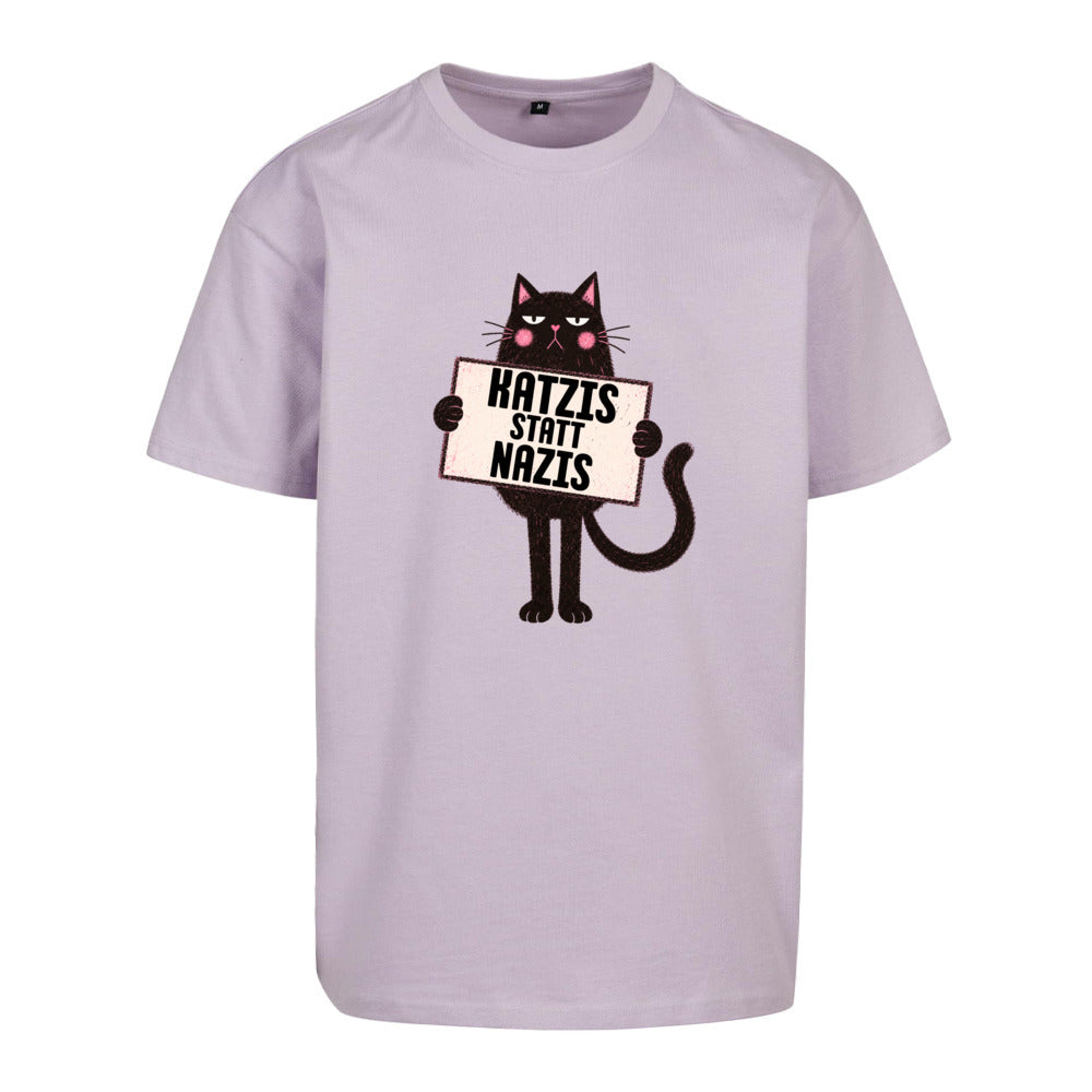     Lilafarbenes Oversized Statement Shirt mit „Katzis statt Nazis“-Frontprint und Katzenmotiv