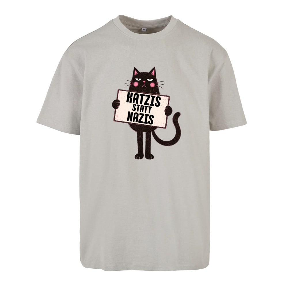    Graues Oversized Statement Shirt mit „Katzis statt Nazis“-Frontprint und Katzenmotiv
