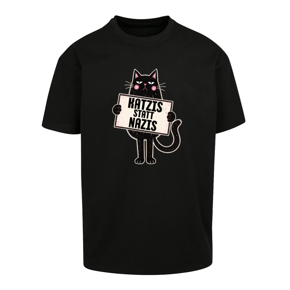    Schwarzes Oversized Statement Shirt mit „Katzis statt Nazis“-Frontprint und Katzenmotiv