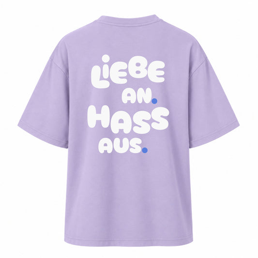     Lilafarbenes Oversized Statement Shirt mit „Liebe an. Hass aus.“-Rückenprint