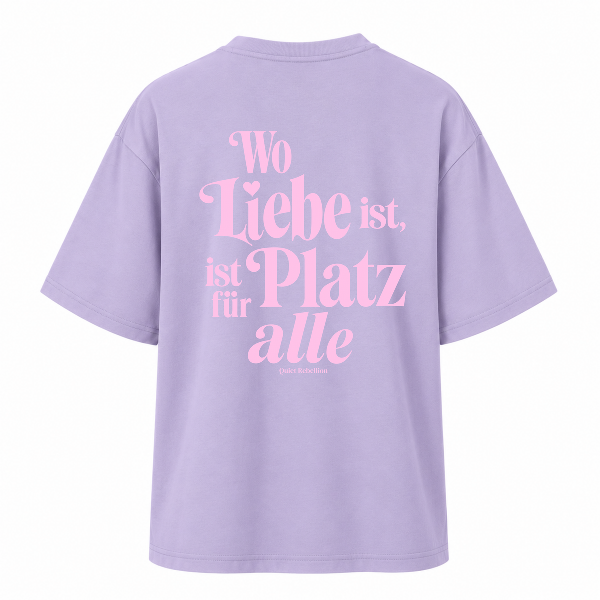     Lilafarbenes Oversized Statement Shirt mit „Wo Liebe ist, ist Platz für alle“-Rückenprint