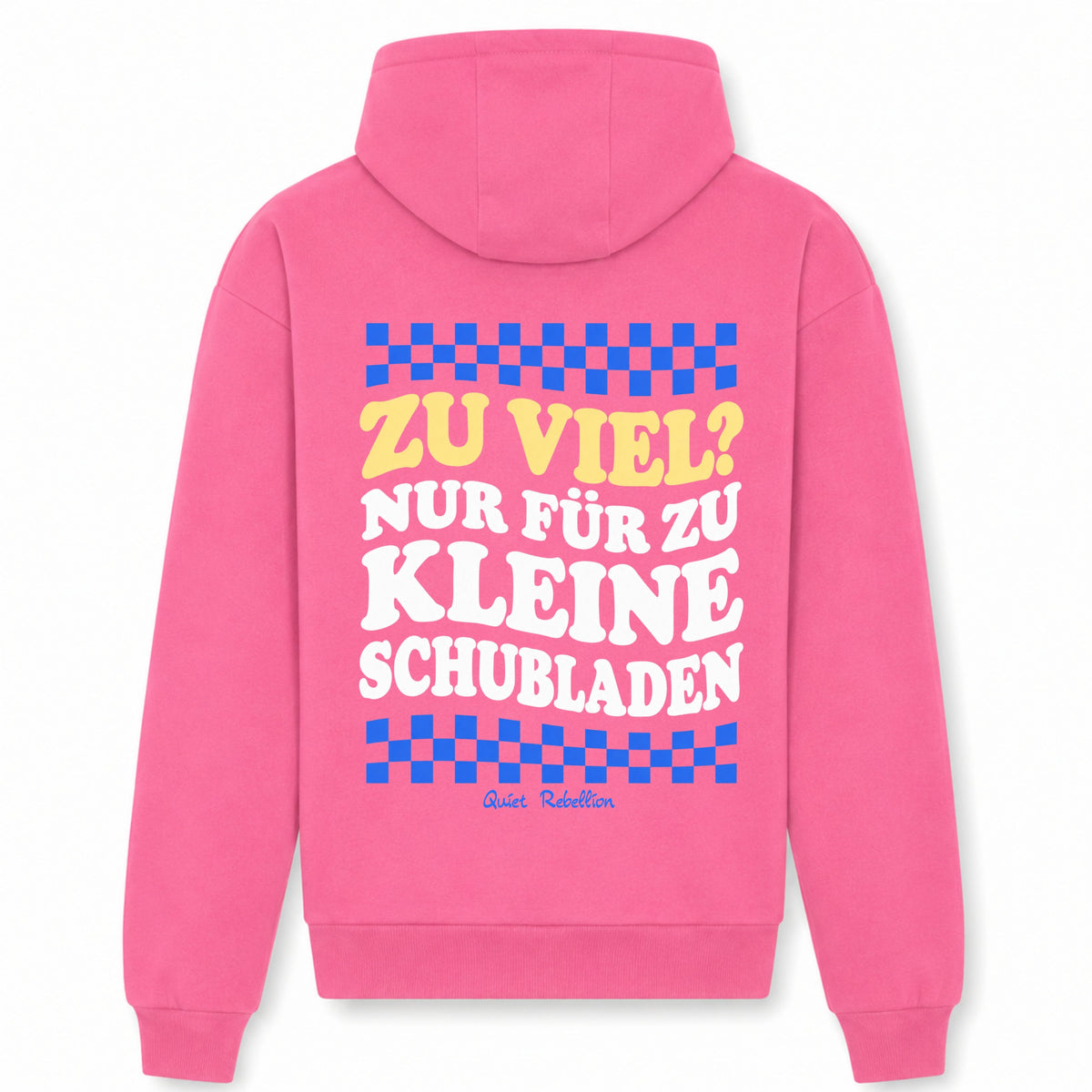 Pinker Oversize Hoodie mit „Zu viel?“ Statement Rückenprint