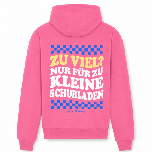 Pinker Oversize Hoodie mit „Zu viel?“ Statement Rückenprint