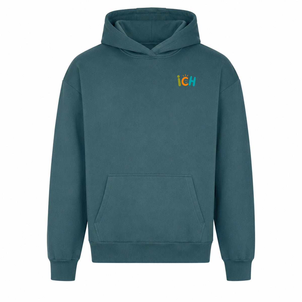     Statement Hoodie in Petrol – Vorderansicht mit kleinem Frontprint