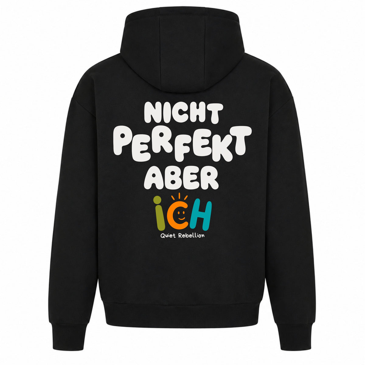    Statement Hoodie in Schwarz mit Rückenprint „Nicht perfekt, aber ich“