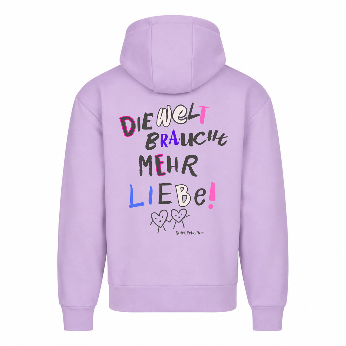     Lilafarbener Statement Hoodie mit „Die Welt braucht mehr Liebe“-Print auf dem Rücken