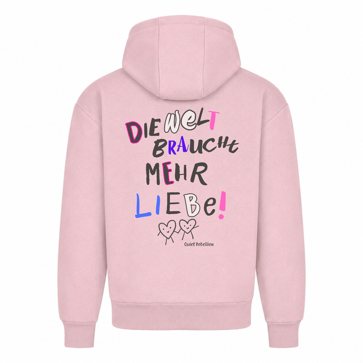     Rosa Statement Hoodie mit „Die Welt braucht mehr Liebe“-Print auf dem Rücken
