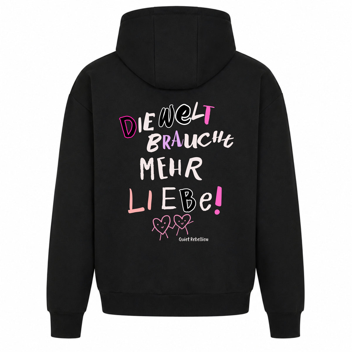    Schwarzer Statement Hoodie mit „Die Welt braucht mehr Liebe“-Print auf dem Rücken